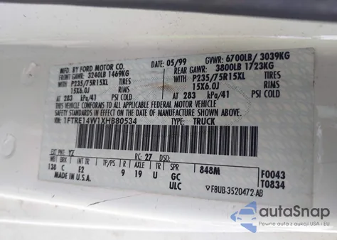 1999 Ford E-150 Commercial/Recreational z USA, uszkodzony, nr VIN 1FTRE14W1XHB80534